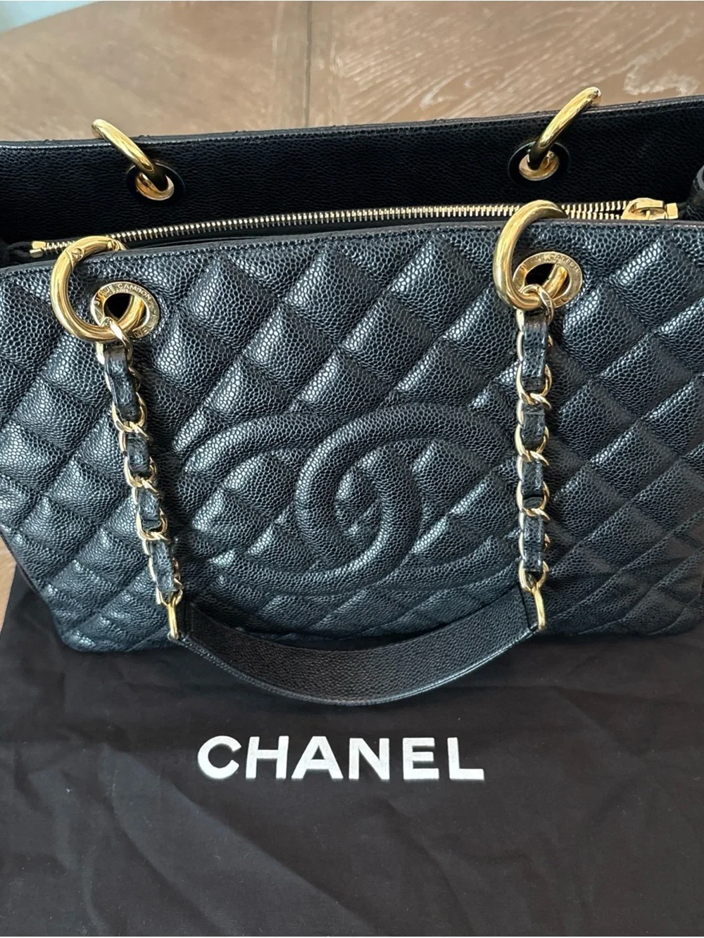 Authentic Chanel Quilted Leather Grand Shopping Tote Bag in Black